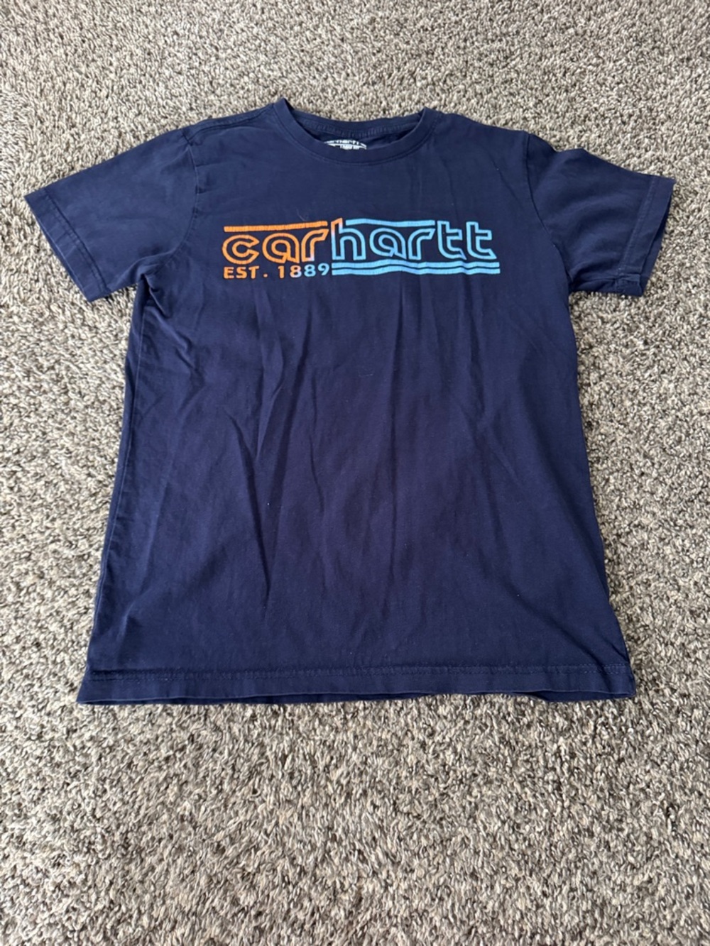 Carhartt Navy Short Sleeve Tee with Orange & Light Blue Logo